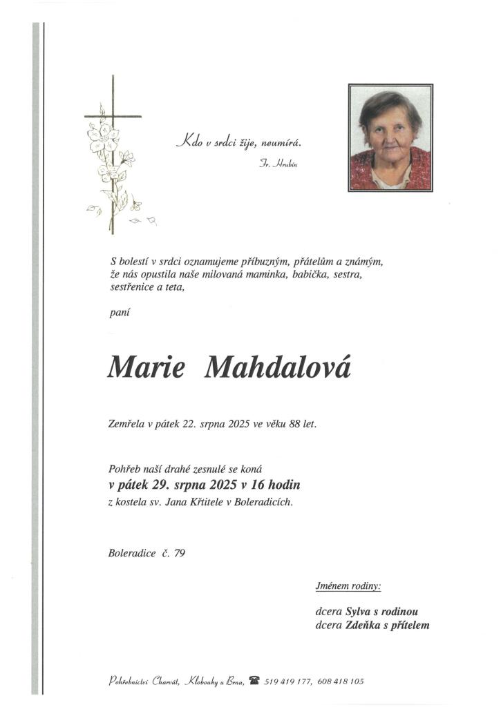 Smuteční oznámení - Mahdalová Marie